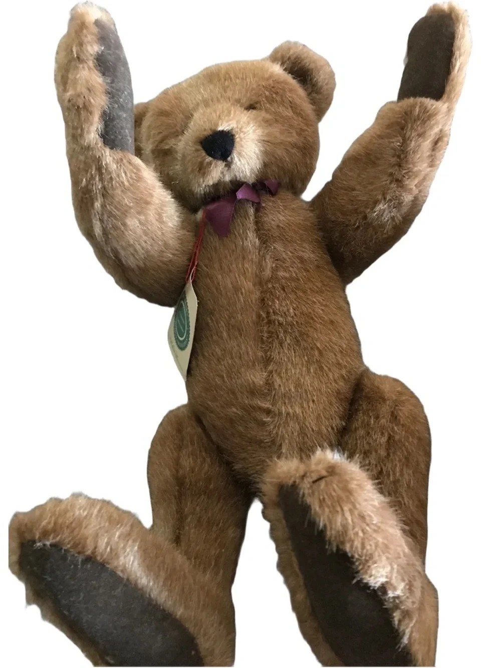 Boyds Bears Brown Plush Teddy with Burgundy Ribbon and Red String Tag